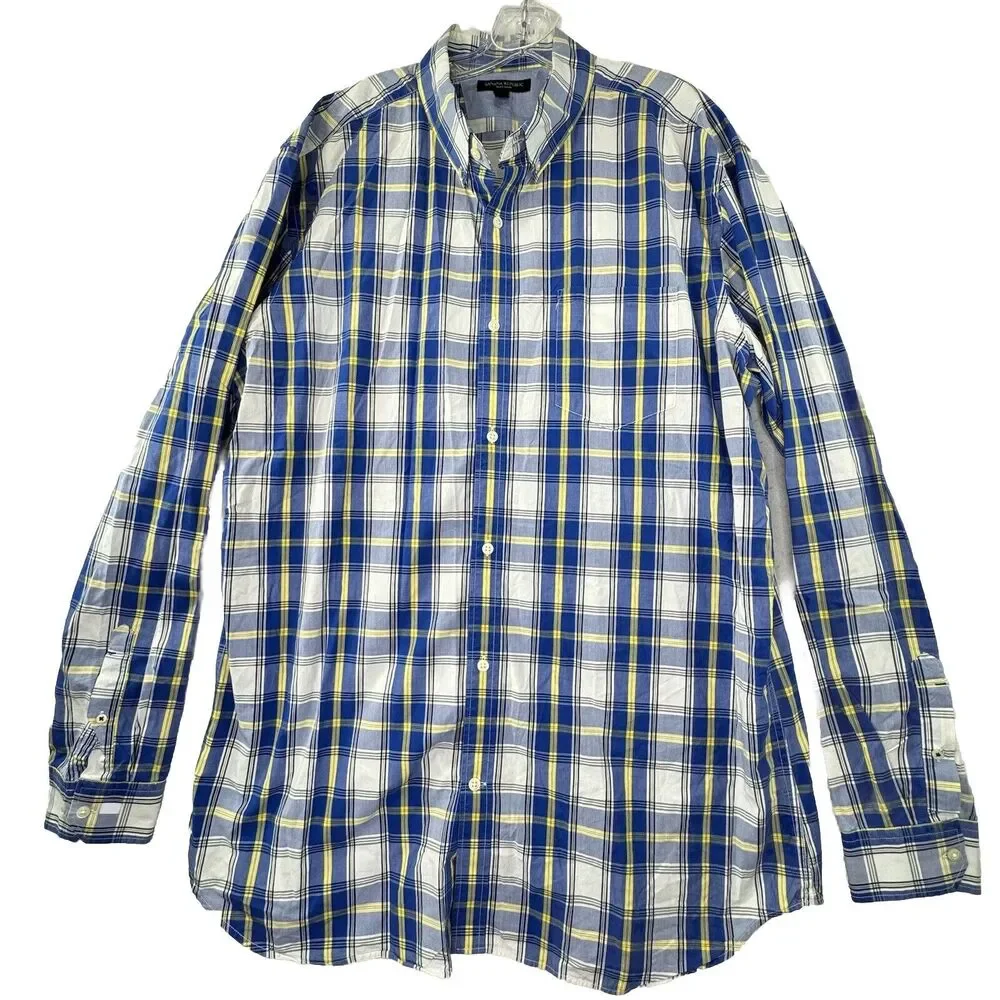 Banana Republic Soft Wash Shirt Men XXL Tall Plaid LS‎ Button Up Blue Plaid